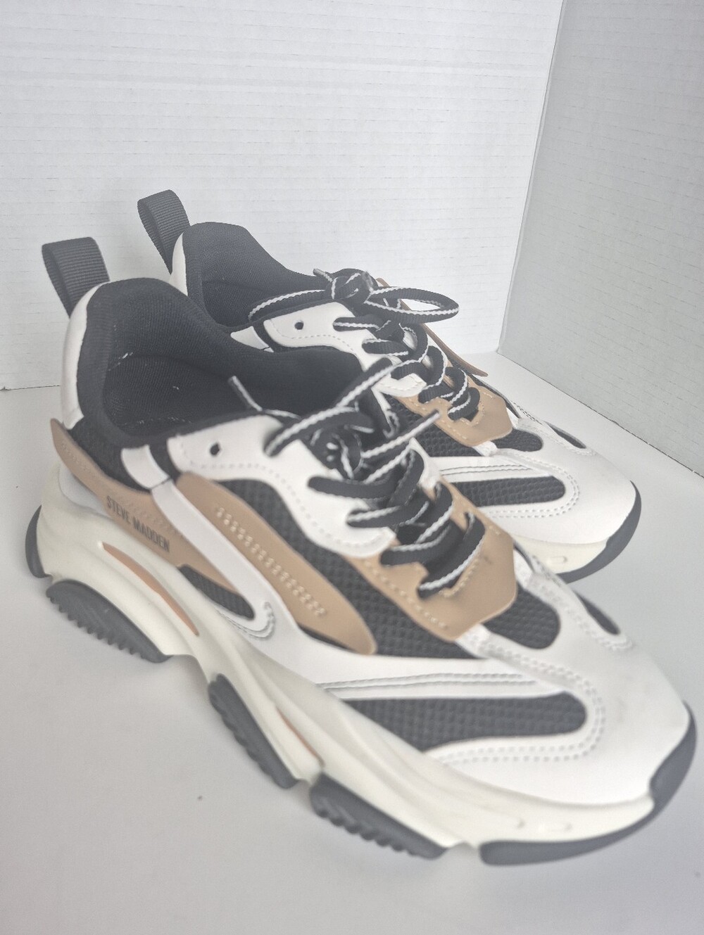 Steve Madden Chunky Lace-Up Sneakers in Black, White & Tan